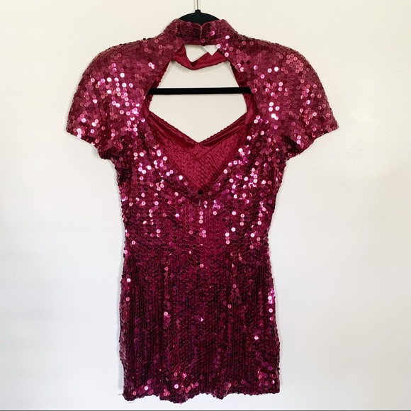 Cache magenta pink sequin halter tie dress Sz 6 - Picture 2 of 10